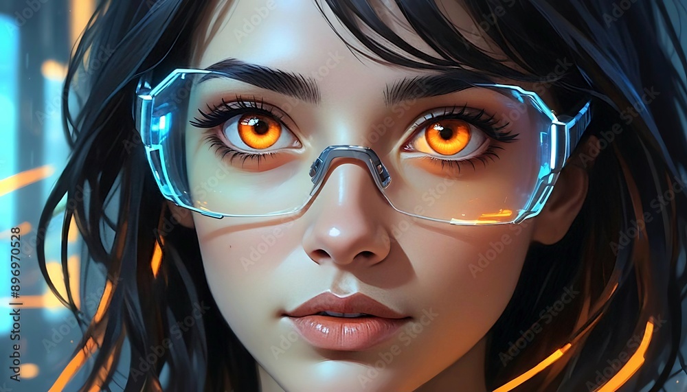 Futuristic Woman with Glowing Orange Eyes and High-Tech Glasses in a Sci-Fi Setting Futuristic Woman with Glowing Orange Eyes and High-Tech Glasses in a Sci-Fi Setting