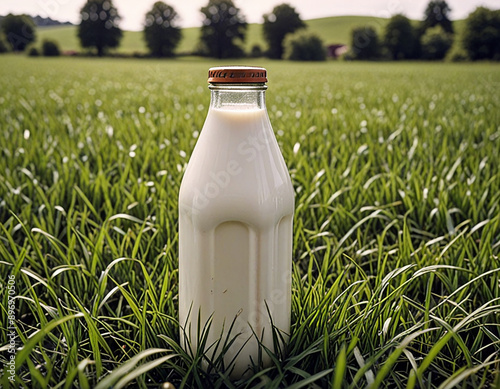 Glass containers filled with milk on a tablecloth in the grass with dairy cows in the background on a sunny meadow. Horizontal composition. photo