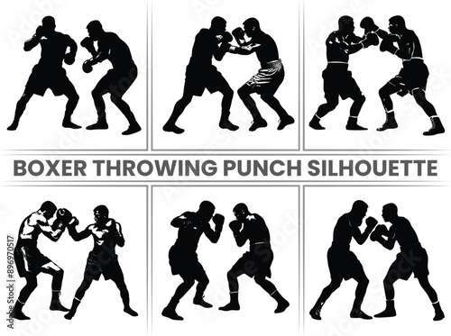 Silhouette of Two Boxers in Action. Two men facing each other, one boxer poised to throw a punch and the other boxer blocking the punch. Simple flat Boxer Throwing Punch silhouette.