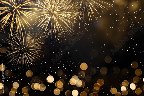 Gold Fireworks on Black Background with Copy Space