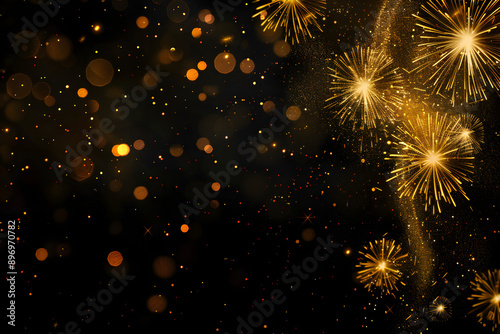 Gold Fireworks on Black Background with Copy Space