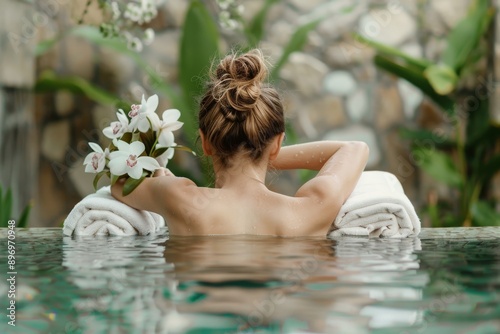 Immerse yourself in a serene spa pool, surrounded by luxurious flowers and towels. Feel relaxation and tranquility as you indulge in pampering and rejuvenation at this exquisite oasis