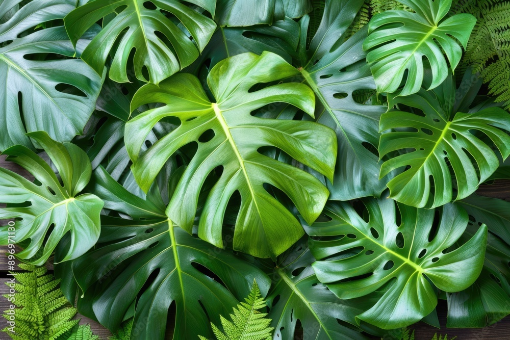 Tropical green leaves on dark toned wall  close up view.