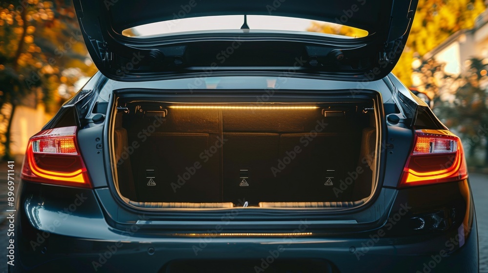 Open clean trunk of car back view, Rear view car with open trunk, headlight, bumper