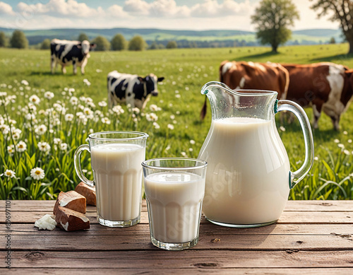 Glass containers filled with milk on a tablecloth in the grass with dairy cows in the background on a sunny meadow. Horizontal composition. photo