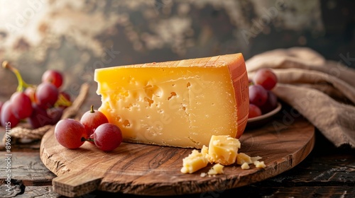 Slice of Gouda Cheese on Rustic Wooden Board with Red Grapes in Natural Light for Food Photography photo