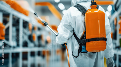 Person in protective clothing with a sprayer inside a large indoor commercial or industrial space, likely for disinfection or pest control.