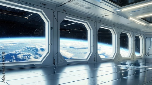 Fototapeta Naklejka Na Ścianę i Meble -  Space Station Interior with Earth View