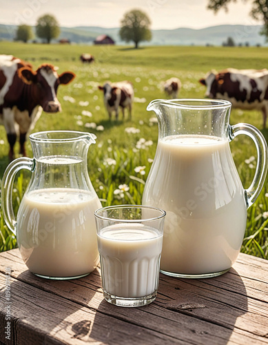 Glass containers filled with milk on a tablecloth in the grass with dairy cows in the background on a sunny meadow. Horizontal composition. photo