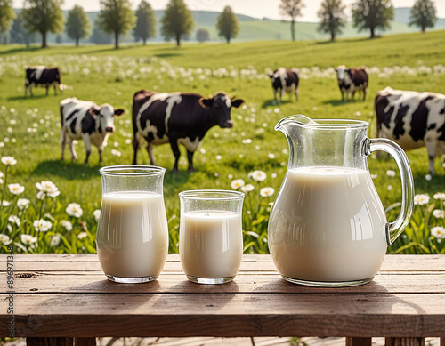 Glass containers filled with milk on a tablecloth in the grass with dairy cows in the background on a sunny meadow. Horizontal composition. photo