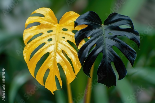 Tropical leaves gold and black  can be used as backgroundMonstera palm coconutfernclipping path photo