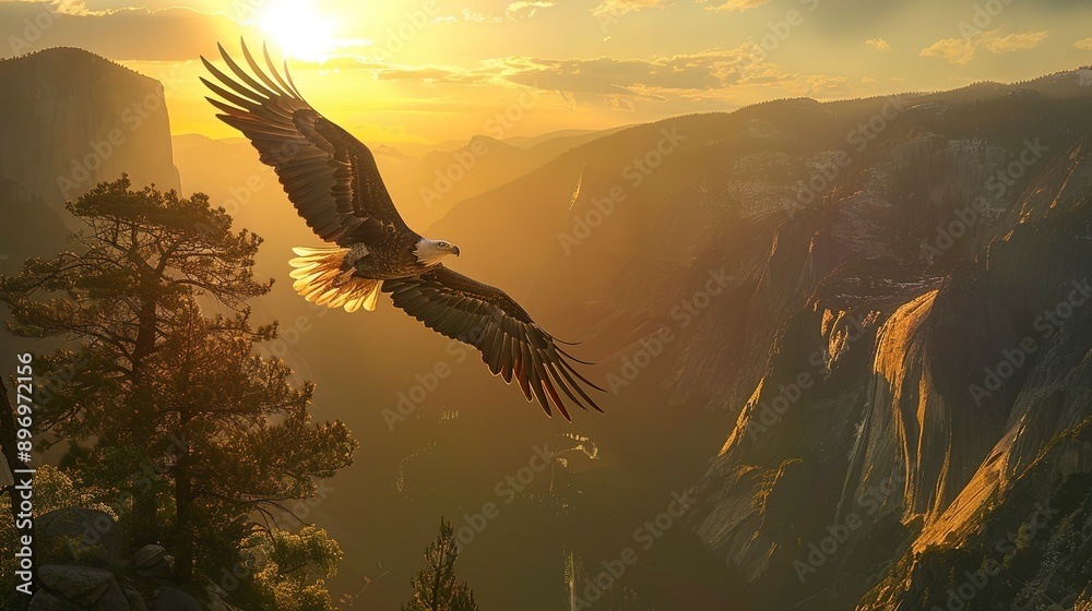 Majestic Bald Eagle in Flight Over Scenic Mountain Landscape at Golden Hour Majestic Bald Eagle in Flight Over Scenic Mountain Landscape at Golden Hour