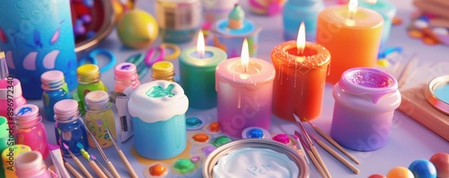 A colorful and vibrant art and craft scene with paints, brushes, and candles, evoking creativity and inspiration for artistic projects.