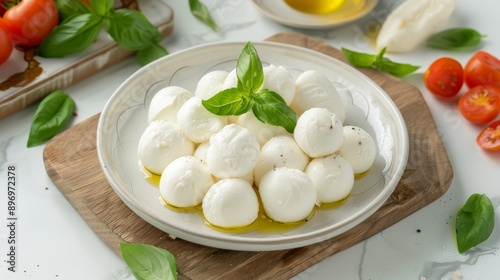 Fresh Mozzarella Balls with Basil on Wooden Board for Gourmet Cooking and Recipe Design