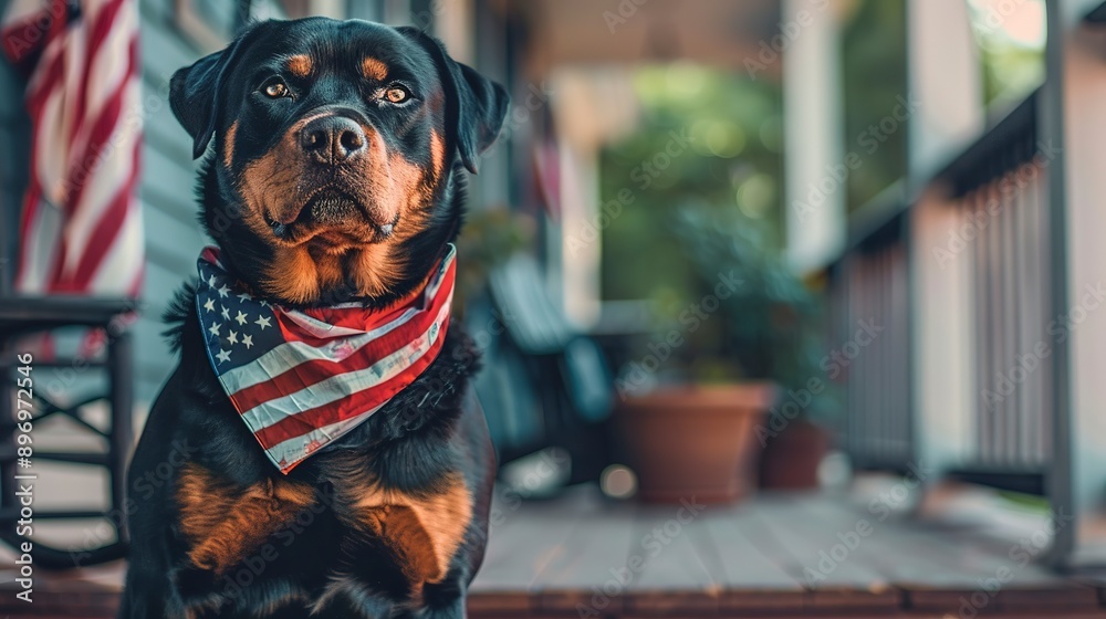 July Rottweiler Patriot Rottweiler dog celebrating 4th of July wearing bandana with ...