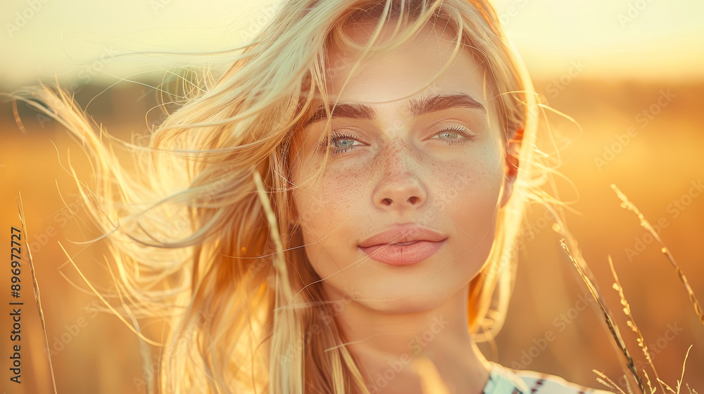 Golden Hour Close-Up of a Beautiful Blonde Woman in a Field with Fluttering Hair in the Wind, Embracing Nature and Freedom Golden Hour Close-Up of a Beautiful Blonde Woman in a Field with Fluttering Hair in the Wind, Embracing Nature and Freedom