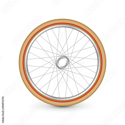 Realistic 3d retro bicycle wheel. Bike rubber tire, shiny metal spokes and rim. Fitness cycle, touring, sport, road and mountain bike. Vector illustration