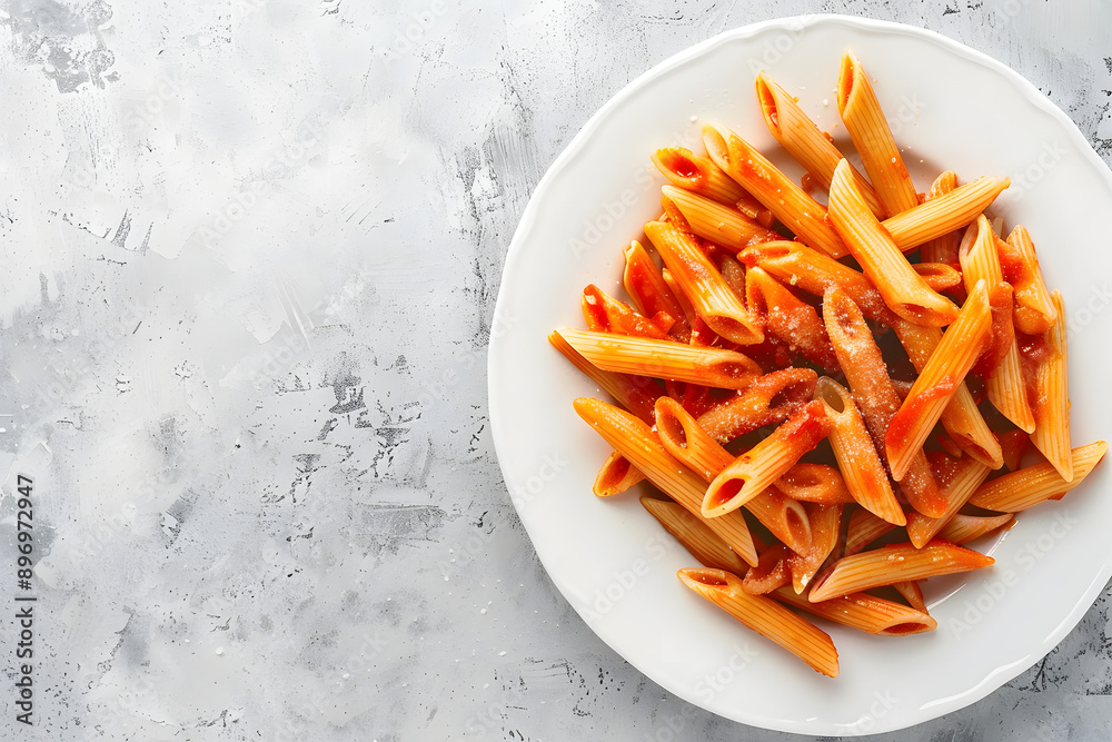 Top View of Penne Pasta in Red Sauce on White Plate with Copy Space Top View of Penne Pasta in Red Sauce on White Plate with Copy Space