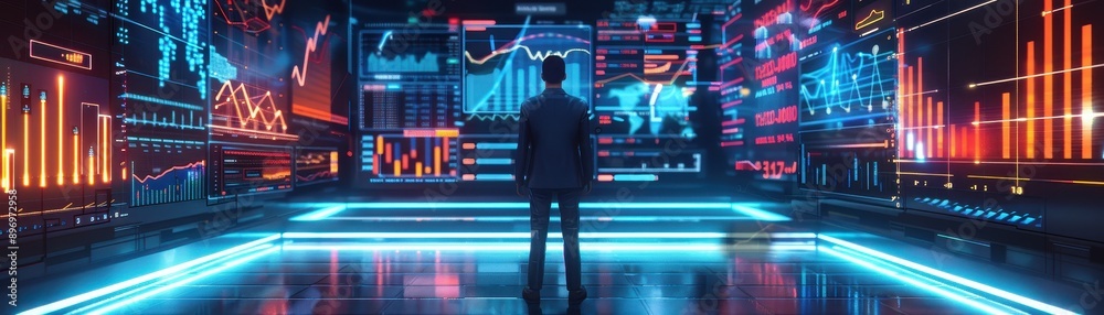 Businessman analyzing graphs and charts on futuristic screens in a high-tech data center, showcasing advanced technology and market trends.