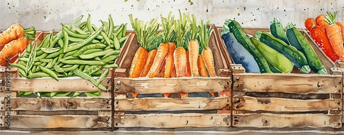 Fresh vegetables displayed at a market on a stall, in watercolor style. photo