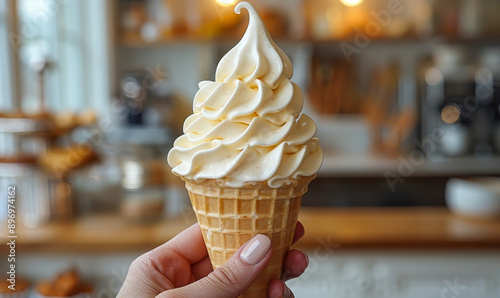 Hand Holding Soft Serve Ice Cream Cone in Cozy Cafe Setting, Daytime, Focus on Dessert, Tempting Indulgence, Food Photography for Summer Treats Inspiration photo