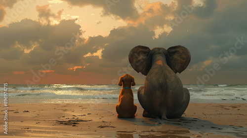 Elephant and Dog Sitting on a Beach at Sunset, Peaceful Summer Evening, Unlikely Friendship, Tranquil Ocean View, Animals Relaxing at Seaside, Inspirational Wildlife Scene photo