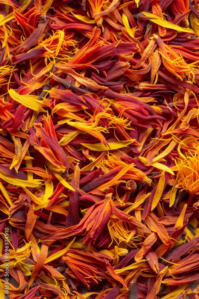 Fototapeta premium Saffron texture background, crocus sativus flowers pattern, dry herbal petals banner, aromatic herbs