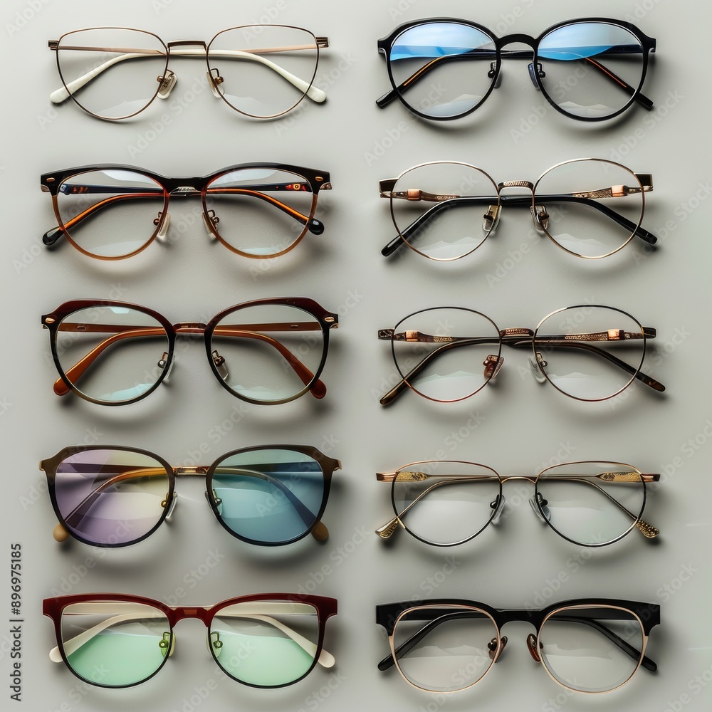 Many glasses on light grey background, different eyewear, stylish eyeglasses set flat lay Many glasses on light grey background, different eyewear, stylish eyeglasses set flat lay