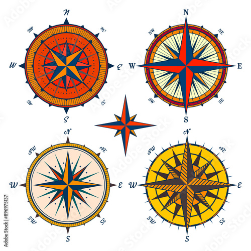 Vintage marine wind rose, nautical chart. Colorful navigational compass with cardinal directions of North, East, South, West. Geographical position, cartography and navigation. Vector illustration