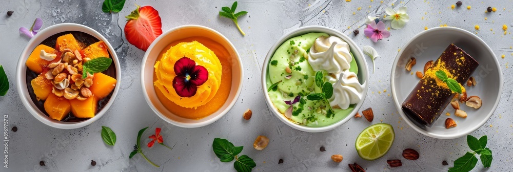 Mini Desserts Set, Mango-Lime Mousse, Whipped Cream, Edible Flowers, Dark Chocolate, Ice Cream Mini Desserts Set, Mango-Lime Mousse, Whipped Cream, Edible Flowers, Dark Chocolate, Ice Cream