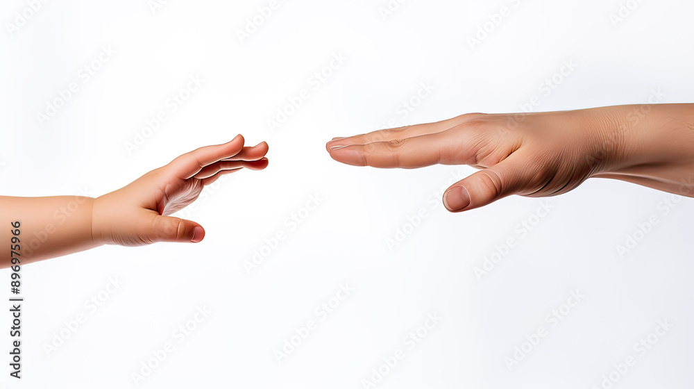Child and adult human hands on white background, helping hand, father and a son, family Child and adult human hands on white background, helping hand, father and a son, family