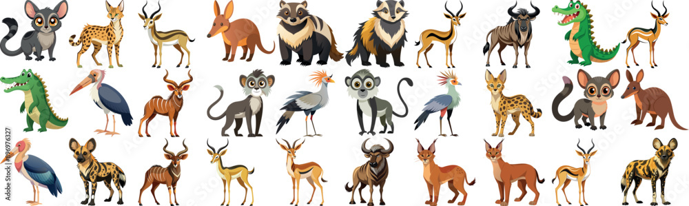 Obraz premium Adorable cartoon animals from various habitats and regions, showcasing a mix of familiar and exotic species in vibrant colors.