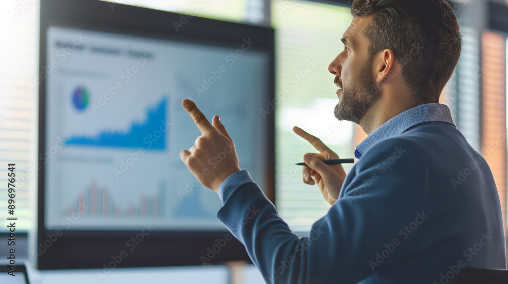 Executive businessman manager or entrepreneur presenting in a conference or boardroom meeting, showcasing a presentation with analysis of progress financial charts profit graphs, business and economy