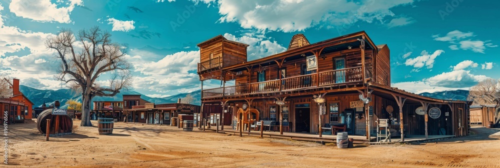 Fototapeta premium Old Saloon, Wild West Town Building, Cowboy Pub Exterior, Copy Space