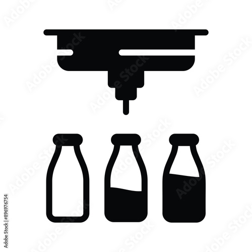 Milk bottles filling with machines, concept icon of mass milk production