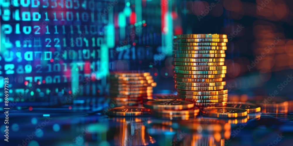 A stack of cryptocurrency coins on a digital background, representing modern digital currencies A stack of cryptocurrency coins on a digital background, representing modern digital currencies