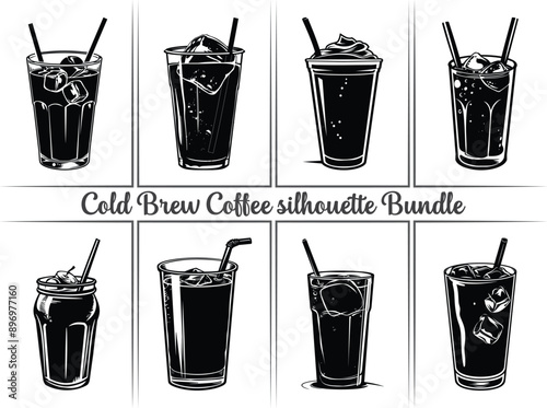 Cold brew coffee silhouette Summer drinks icon. Glass without dome lid, suitable for milkshake, smoothie, slush, or cold iced coffee