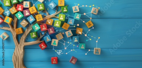 Colorful blocks and icons around a wooden tree in top view reflect teamwork dynamics.