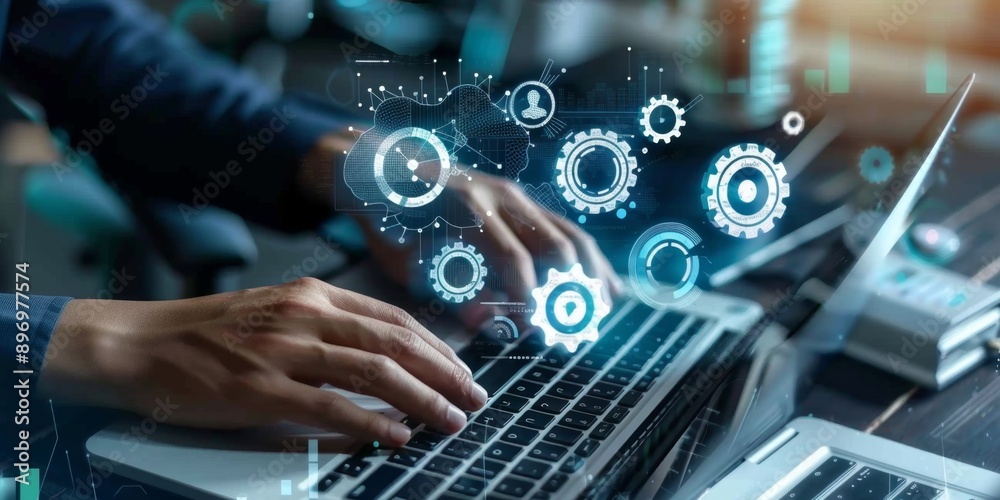 © Da - Business Process Automation and Management Software Concept: Businessman Typing on Laptop with Icons Representing SAP, Workflow Automation, and Cloud-based Enterprise Solutions. Illustrating Modern Di © Da - Business Process Automation and Management Software Concept: Businessman Typing on Laptop with Icons Representing SAP, Workflow Automation, and Cloud-based Enterprise Solutions. Illustrating Modern Di