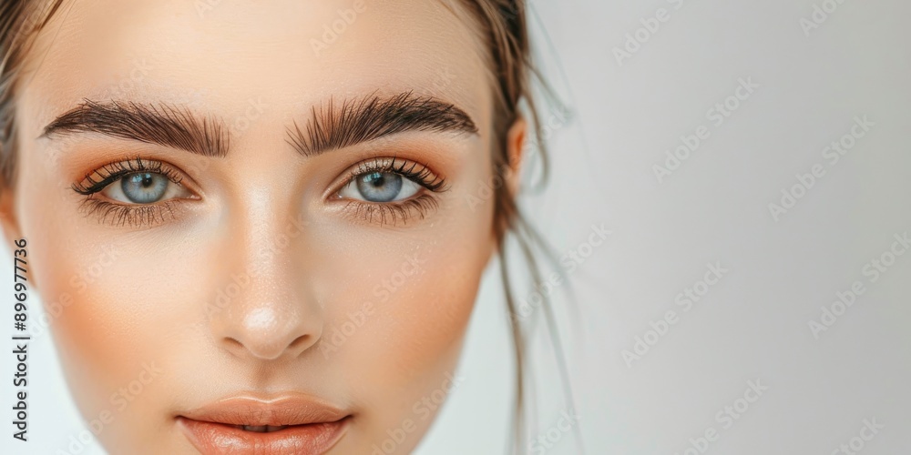 This text describes a beautiful closeup portrait of a woman with impeccable makeup and stunning eyebrows, exuding confidence, elegance, and glamour in a chic and sophisticated style This text describes a beautiful closeup portrait of a woman with impeccable makeup and stunning eyebrows, exuding confidence, elegance, and glamour in a chic and sophisticated style