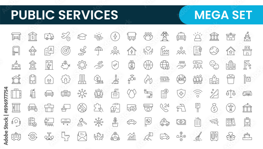 Set of outline Public Services icons. Minimalist thin linear web icon set. Line icons related to public utilities. Gas, electricity, water, heating. Set of outline Public Services icons. Minimalist thin linear web icon set. Line icons related to public utilities. Gas, electricity, water, heating.