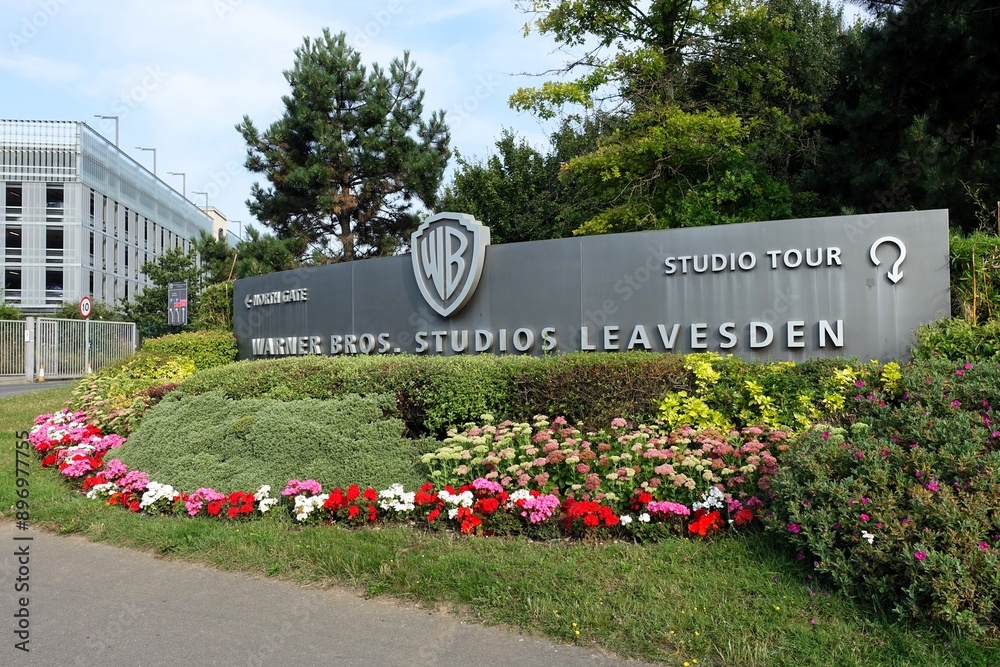 Fototapeta premium Entrance sign to Warner Brothers Studios Leavesden, Hertfordshire, England, UK