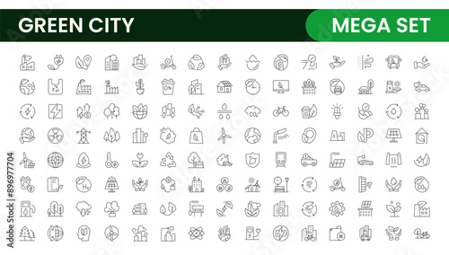 Line icons about green city. Sustainable development. Contains such icons as renewable energy, autonomous building, air and water quality.