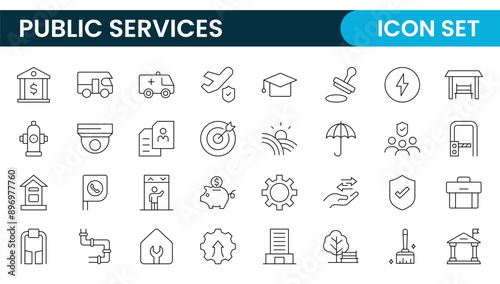 Set of outline Public Services icons. Minimalist thin linear web icon set. Line icons related to public utilities. Gas, electricity, water, heating.