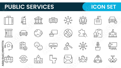 Set of outline Public Services icons. Minimalist thin linear web icon set. Line icons related to public utilities. Gas, electricity, water, heating.
