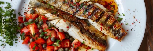 Pike perch, fried sander fish, zander fillet with tomatoes, capers. Barbecue pike meat on white photo