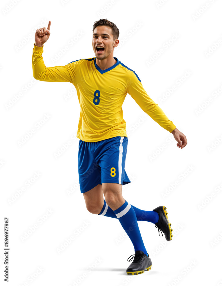 Professional soccer football player in celebration pose wearing a yellow blue jersey
