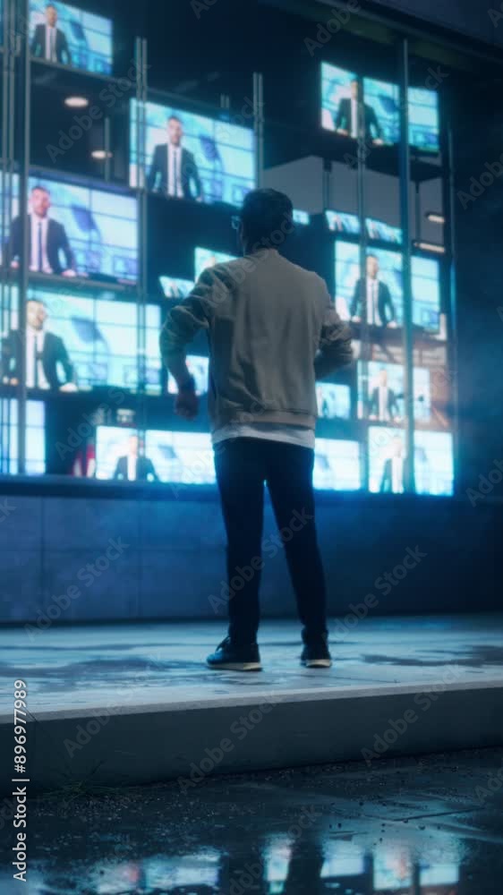 Vertical Screen: Male Standing in Front of a Storefront TV Display that is Streaming Evening News Broadcast Channel. Vibrant City Street Reflecting on the Wet Pavement After Rain in a Modern City Vertical Screen: Male Standing in Front of a Storefront TV Display that is Streaming Evening News Broadcast Channel. Vibrant City Street Reflecting on the Wet Pavement After Rain in a Modern City