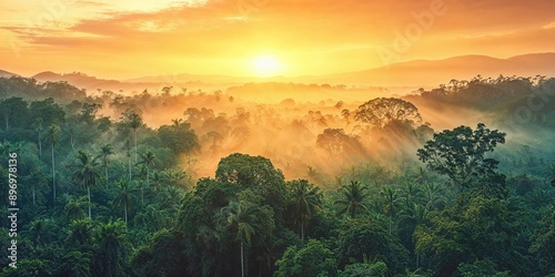 Enchanting Aerial Photograph of Golden Light streaming through the Wilderness. Nature Background with Trees and Green Foliage.