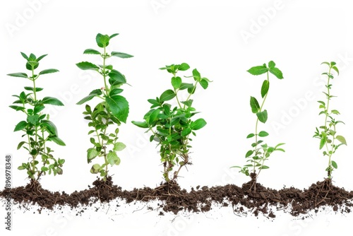 Young sprouts isolated, new plant side view, young green seedling in black earth pile closeup isolated